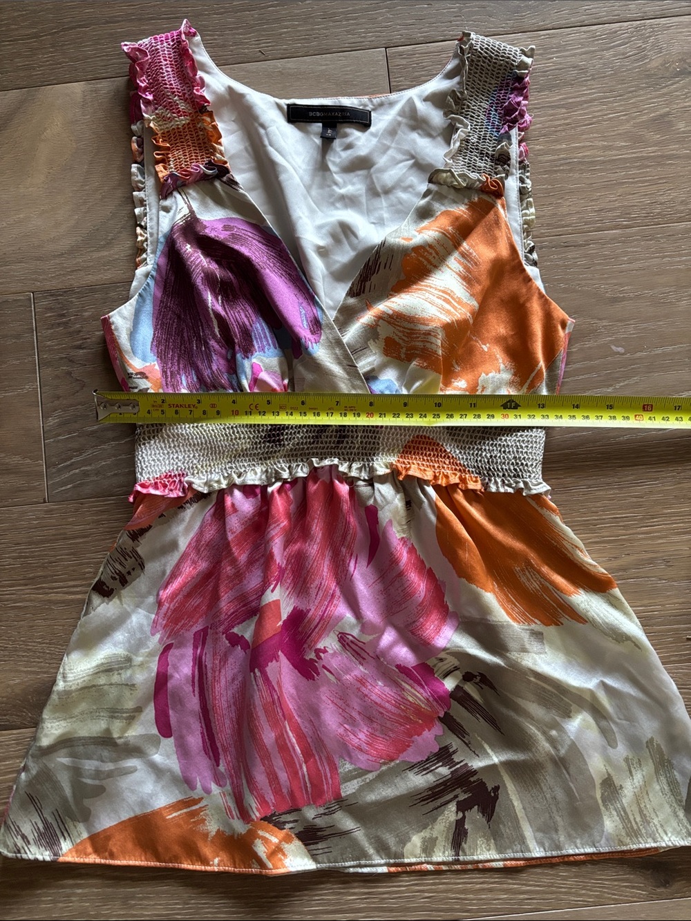 BCBGMaxAzria silk top. Pink & Orange Floral V-Neck Smocked Waist sleeveless Tank